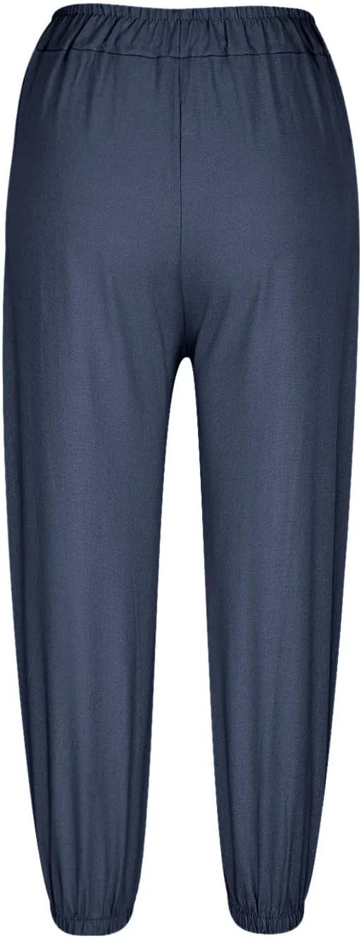 Women Capri Pants 2025 Casual Summer High Waist Drawstring Cinch Bottom with Button Casual Loose Trouser with Pockets
