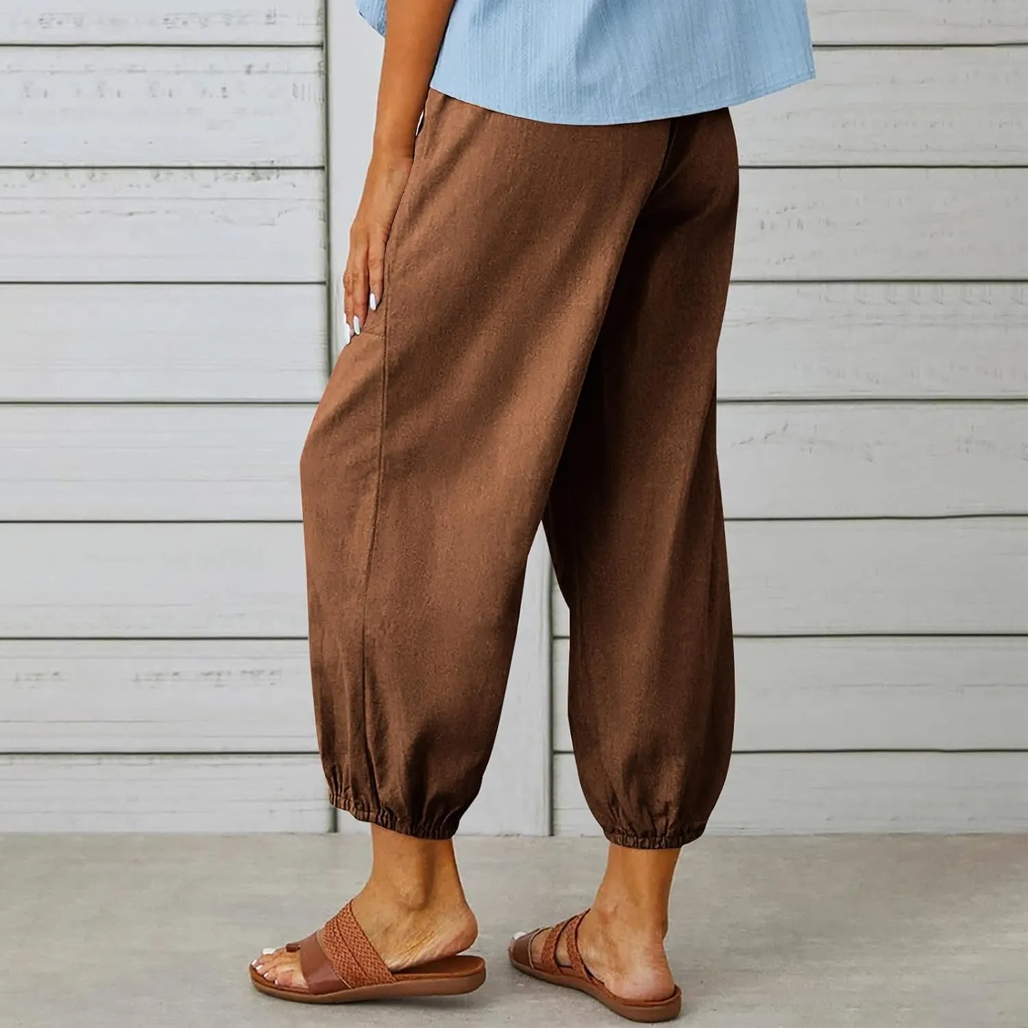 Women Capri Pants 2025 Casual Summer High Waist Drawstring Cinch Bottom with Button Casual Loose Trouser with Pockets