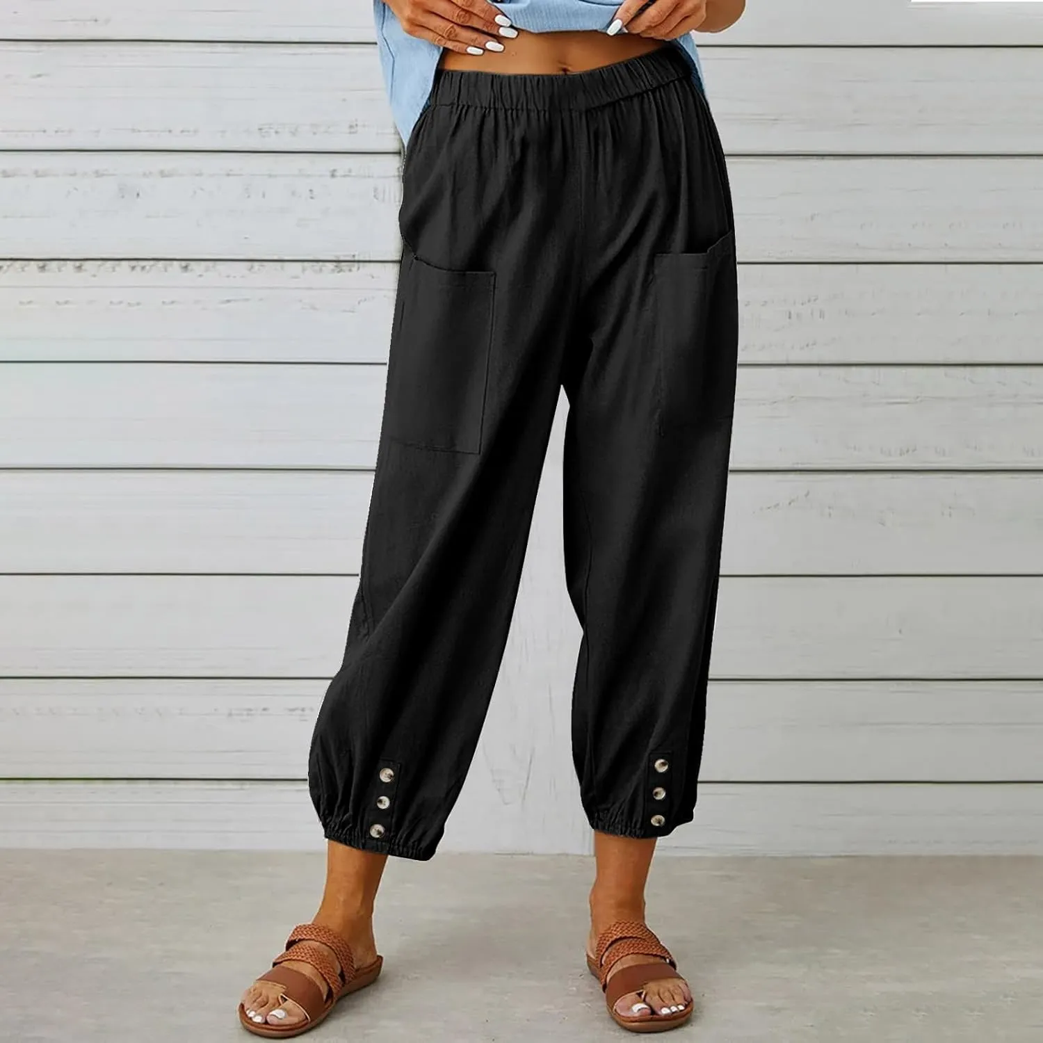 Women Capri Pants 2025 Casual Summer High Waist Drawstring Cinch Bottom with Button Casual Loose Trouser with Pockets