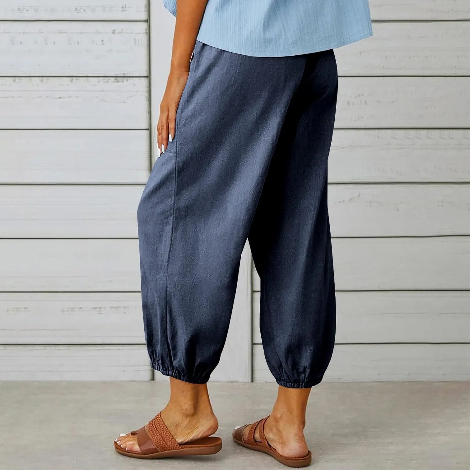 Women Capri Pants 2025 Casual Summer High Waist Drawstring Cinch Bottom with Button Casual Loose Trouser with Pockets