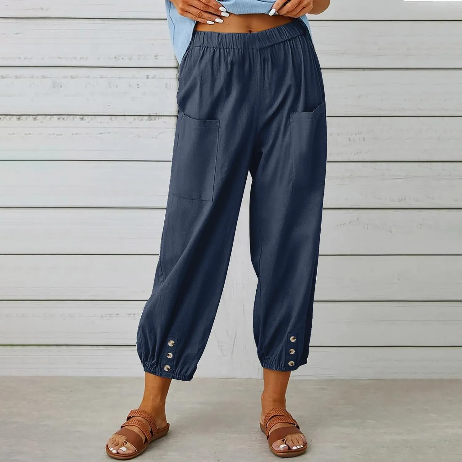 Women Capri Pants 2025 Casual Summer High Waist Drawstring Cinch Bottom with Button Casual Loose Trouser with Pockets