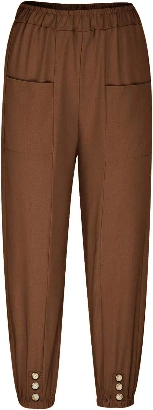 Women Capri Pants 2025 Casual Summer High Waist Drawstring Cinch Bottom with Button Casual Loose Trouser with Pockets