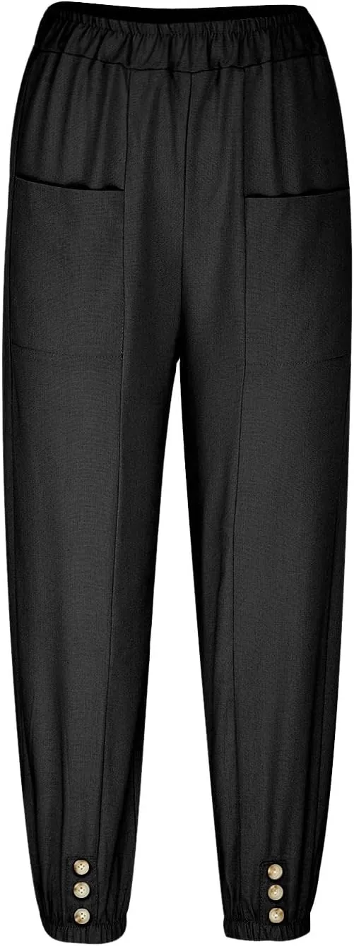 Women Capri Pants 2025 Casual Summer High Waist Drawstring Cinch Bottom with Button Casual Loose Trouser with Pockets