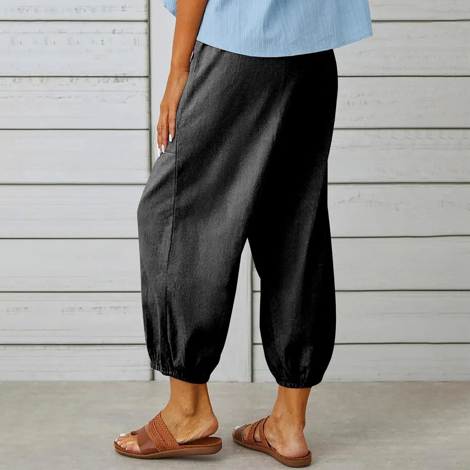 Women Capri Pants 2025 Casual Summer High Waist Drawstring Cinch Bottom with Button Casual Loose Trouser with Pockets