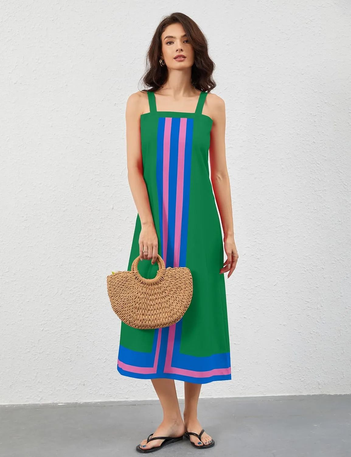 Women Color Block Maxi Dress Sleeveless Striped Flowy Beach Dress Square Neck Backless Casual Summer Dress