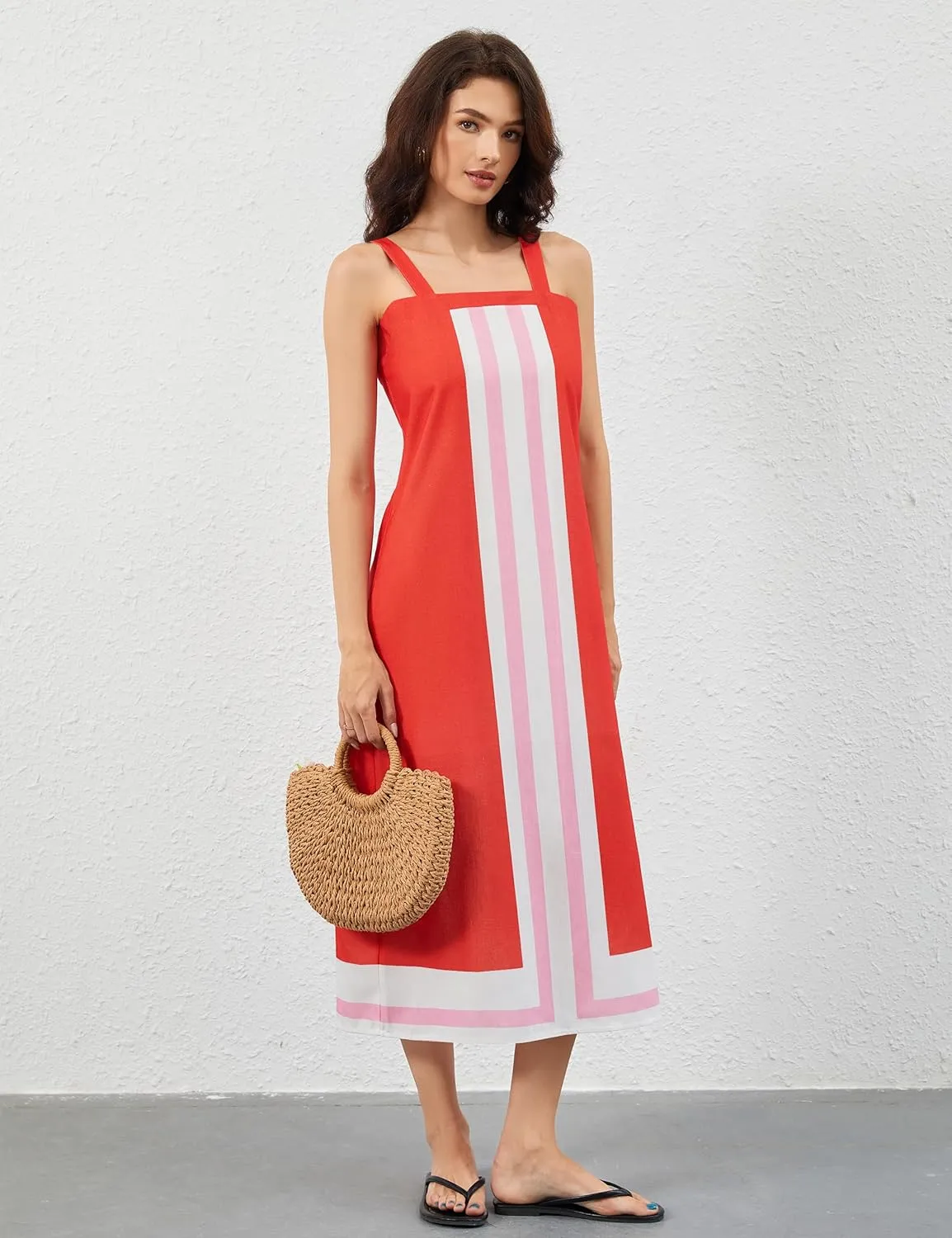 Women Color Block Maxi Dress Sleeveless Striped Flowy Beach Dress Square Neck Backless Casual Summer Dress