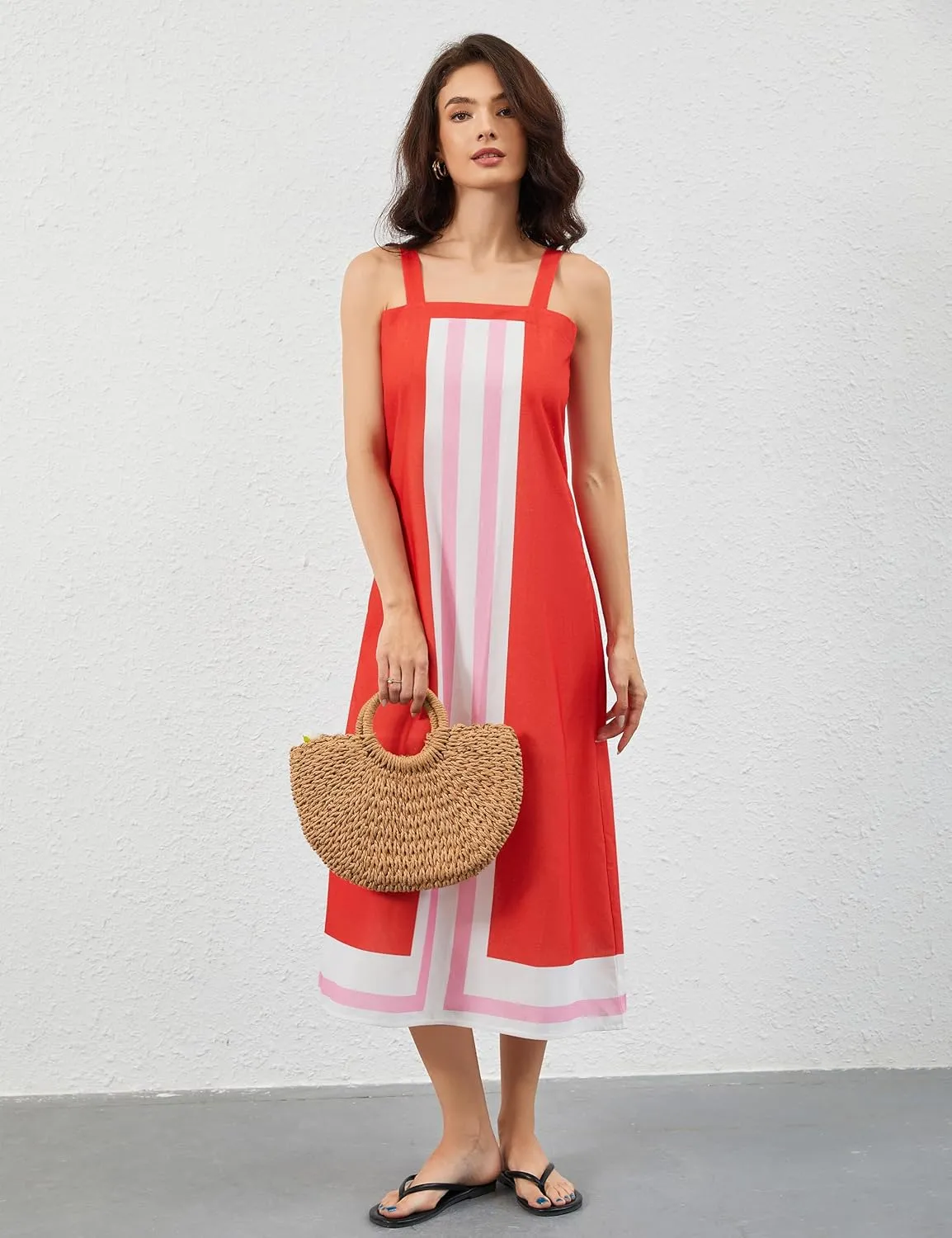 Women Color Block Maxi Dress Sleeveless Striped Flowy Beach Dress Square Neck Backless Casual Summer Dress