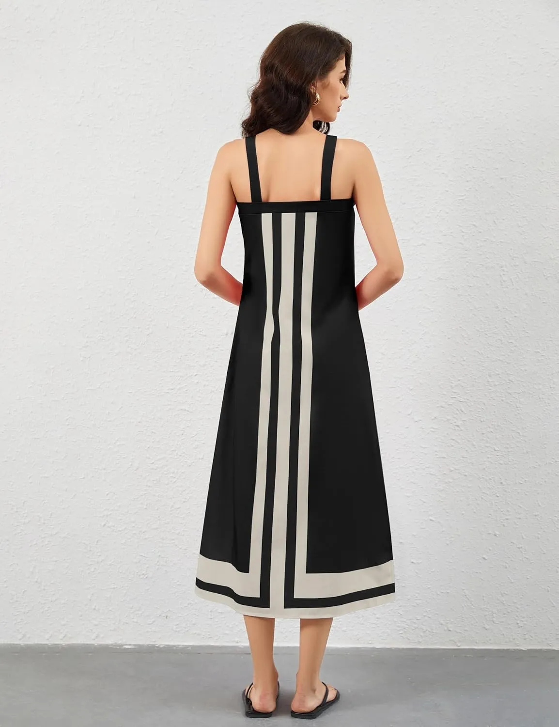 Women Color Block Maxi Dress Sleeveless Striped Flowy Beach Dress Square Neck Backless Casual Summer Dress