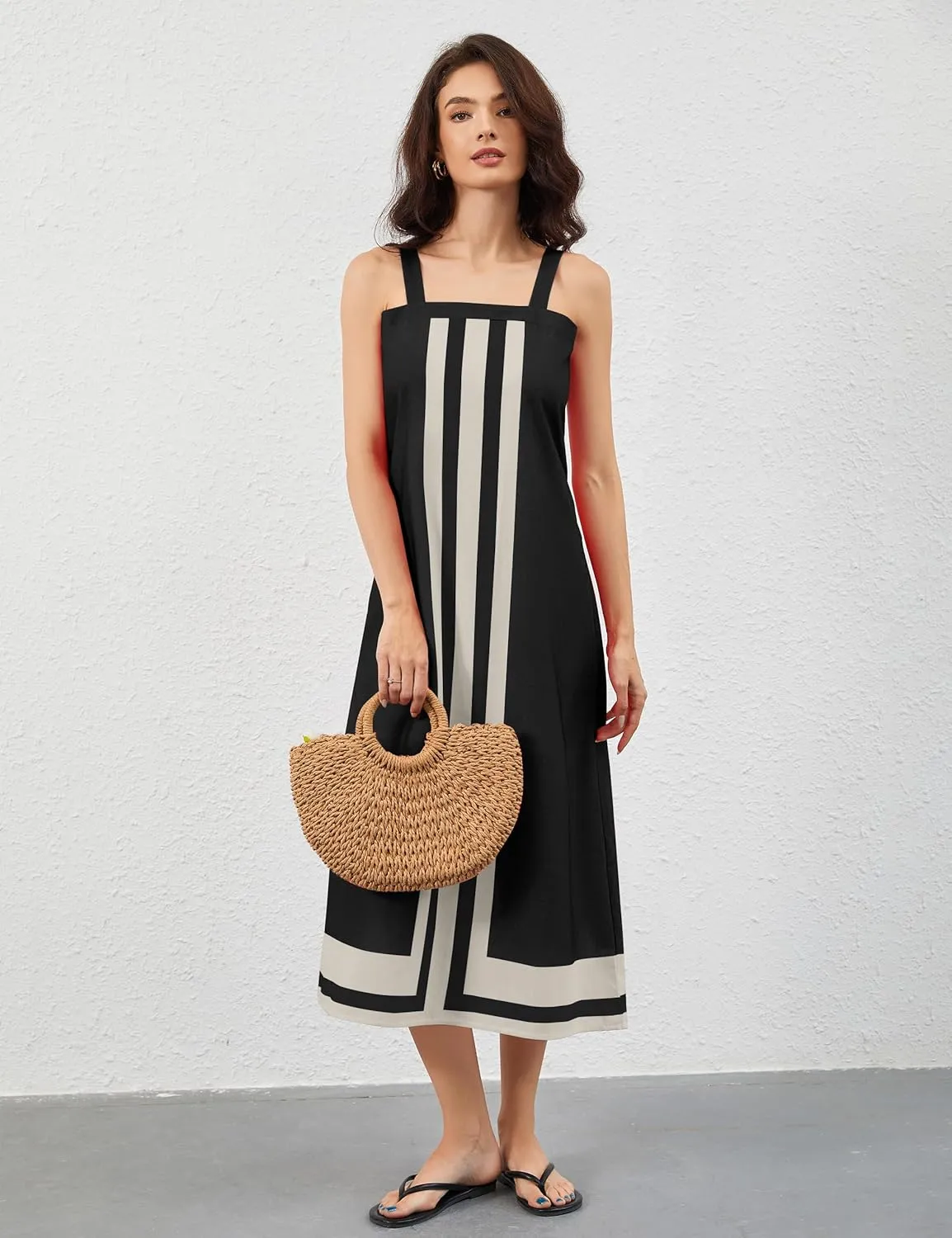 Women Color Block Maxi Dress Sleeveless Striped Flowy Beach Dress Square Neck Backless Casual Summer Dress