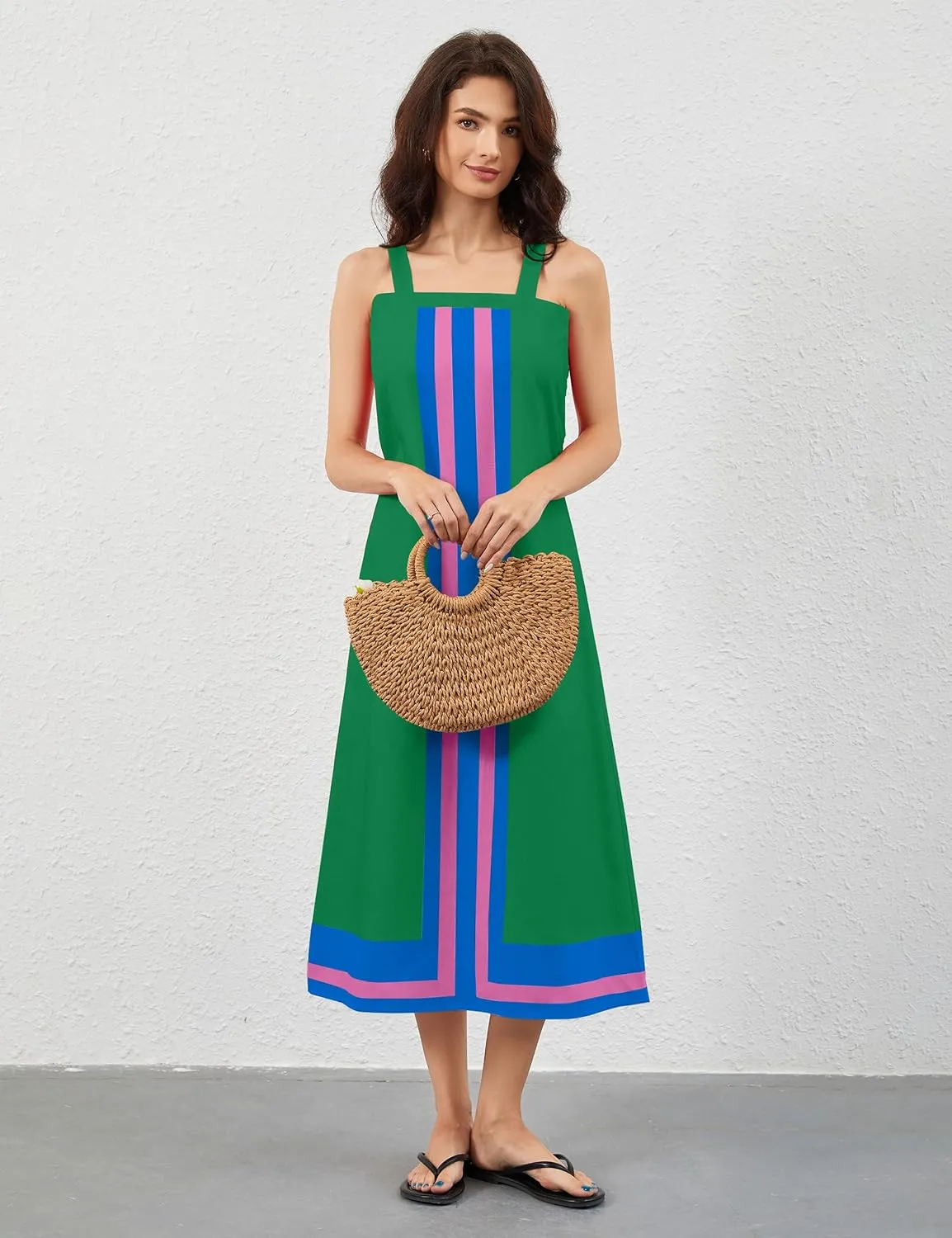 Women Color Block Maxi Dress Sleeveless Striped Flowy Beach Dress Square Neck Backless Casual Summer Dress