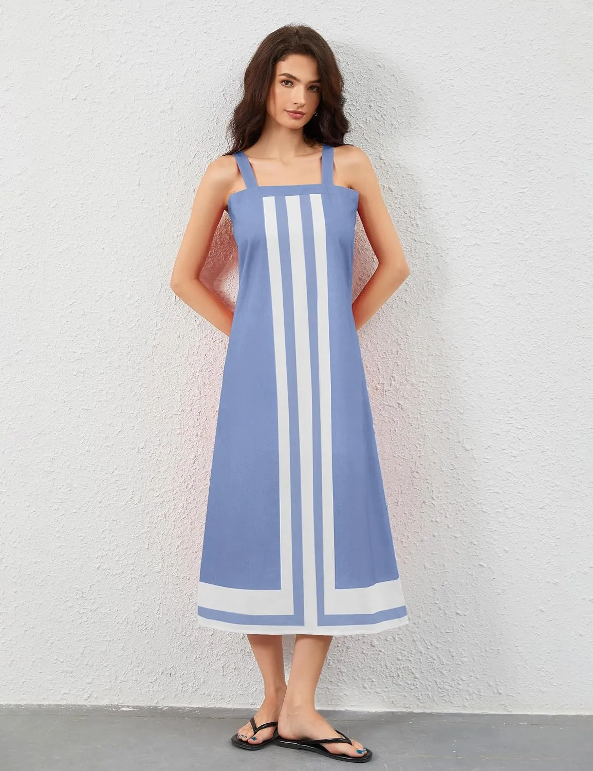 Women Color Block Maxi Dress Sleeveless Striped Flowy Beach Dress Square Neck Backless Casual Summer Dress