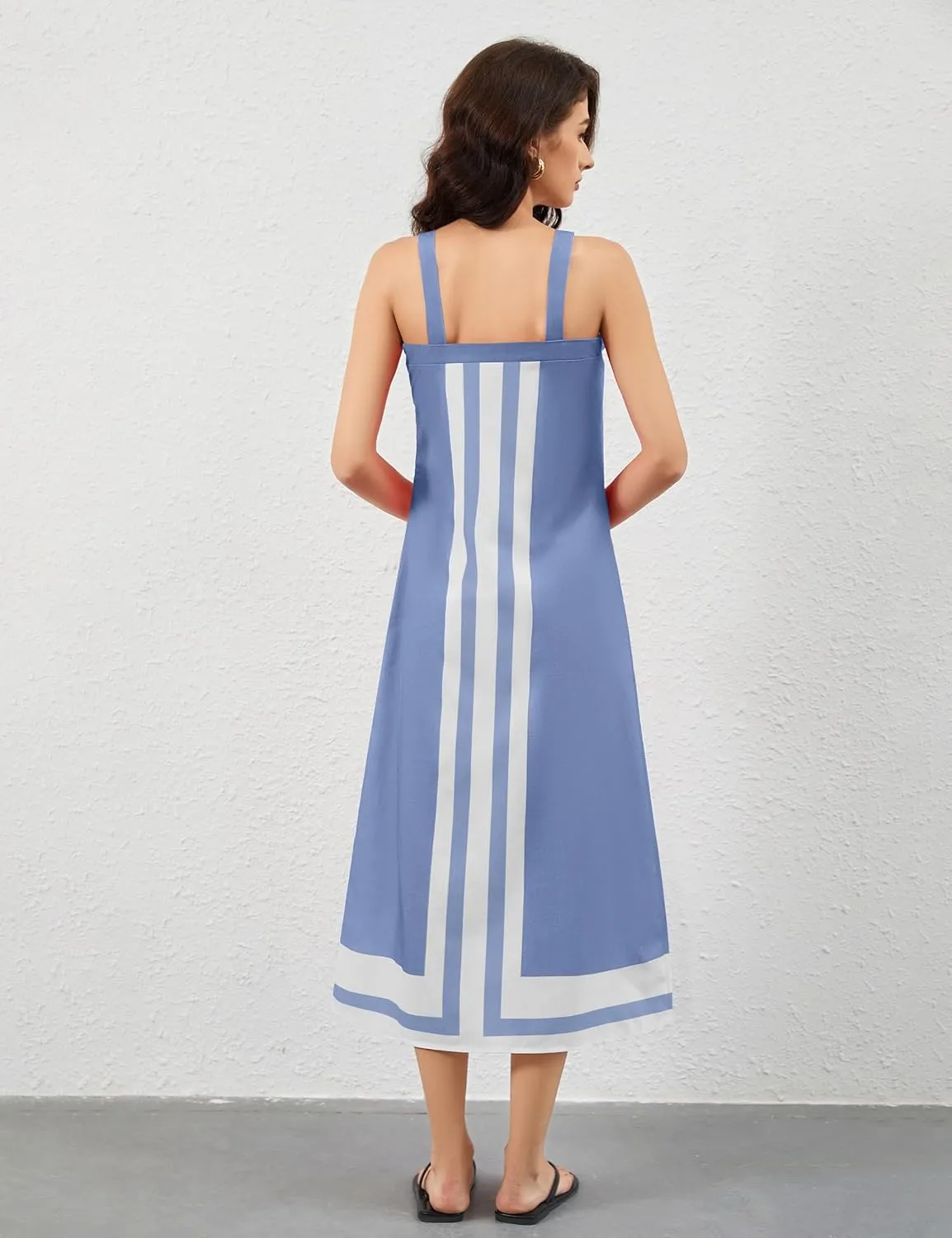 Women Color Block Maxi Dress Sleeveless Striped Flowy Beach Dress Square Neck Backless Casual Summer Dress
