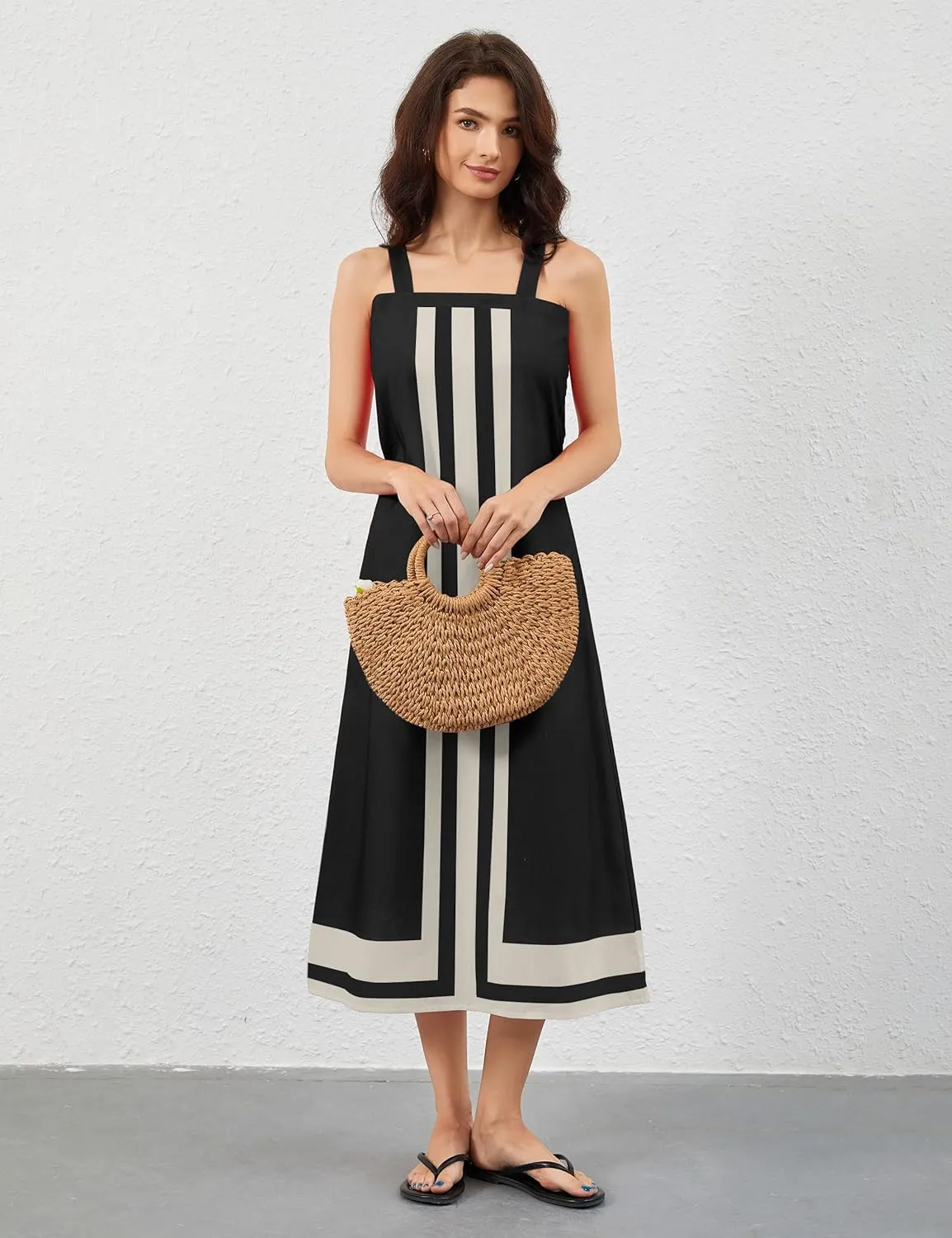 Women Color Block Maxi Dress Sleeveless Striped Flowy Beach Dress Square Neck Backless Casual Summer Dress
