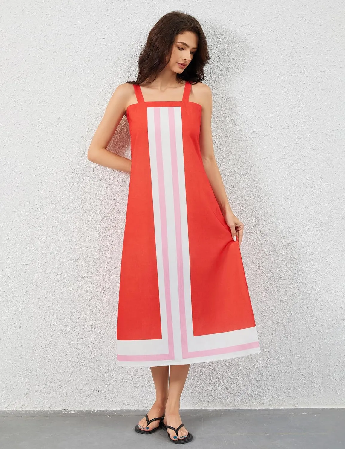 Women Color Block Maxi Dress Sleeveless Striped Flowy Beach Dress Square Neck Backless Casual Summer Dress