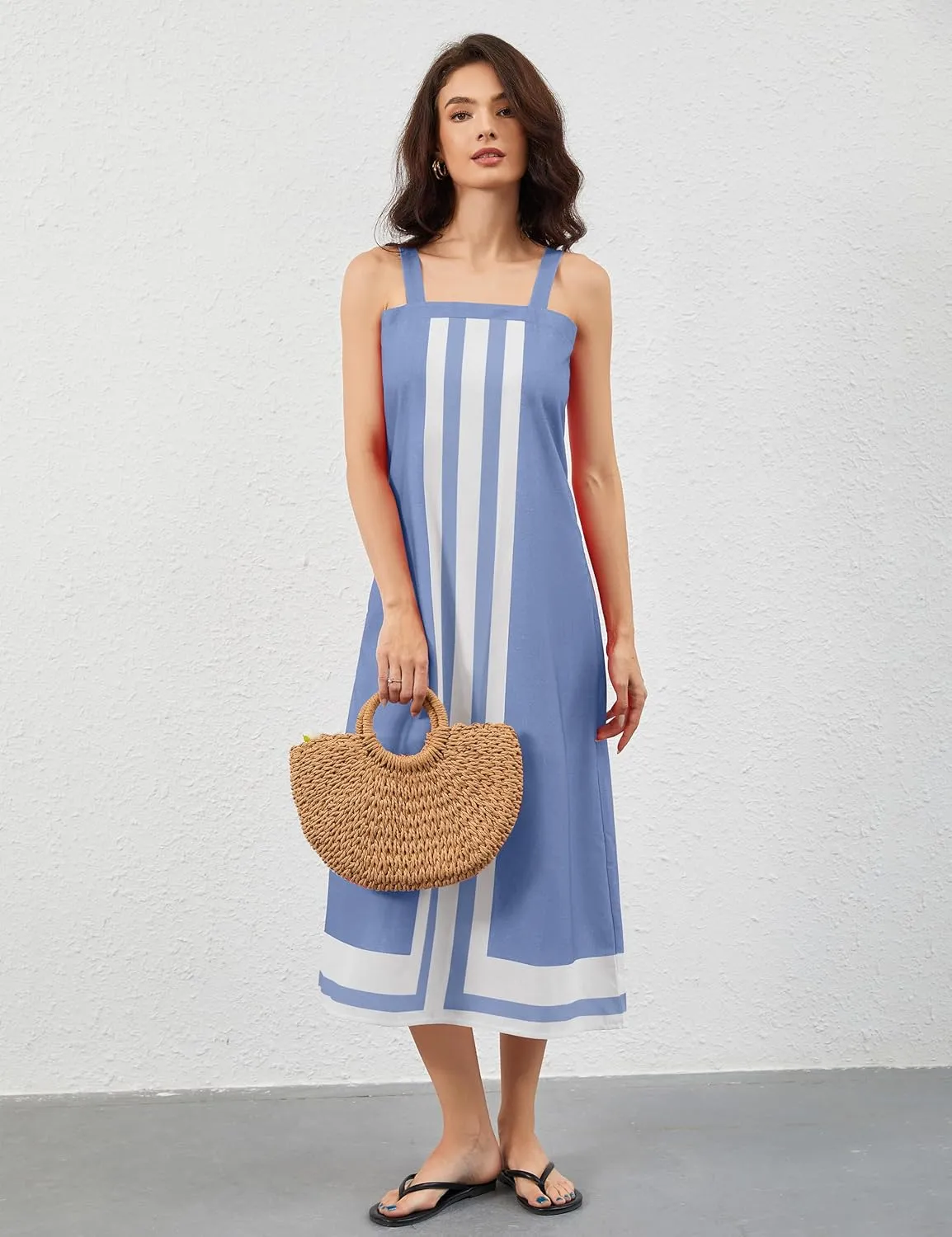 Women Color Block Maxi Dress Sleeveless Striped Flowy Beach Dress Square Neck Backless Casual Summer Dress