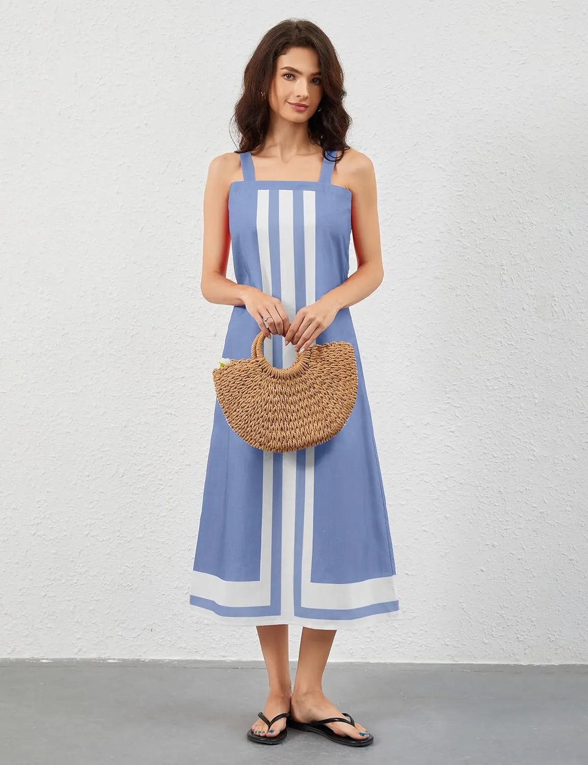 Women Color Block Maxi Dress Sleeveless Striped Flowy Beach Dress Square Neck Backless Casual Summer Dress