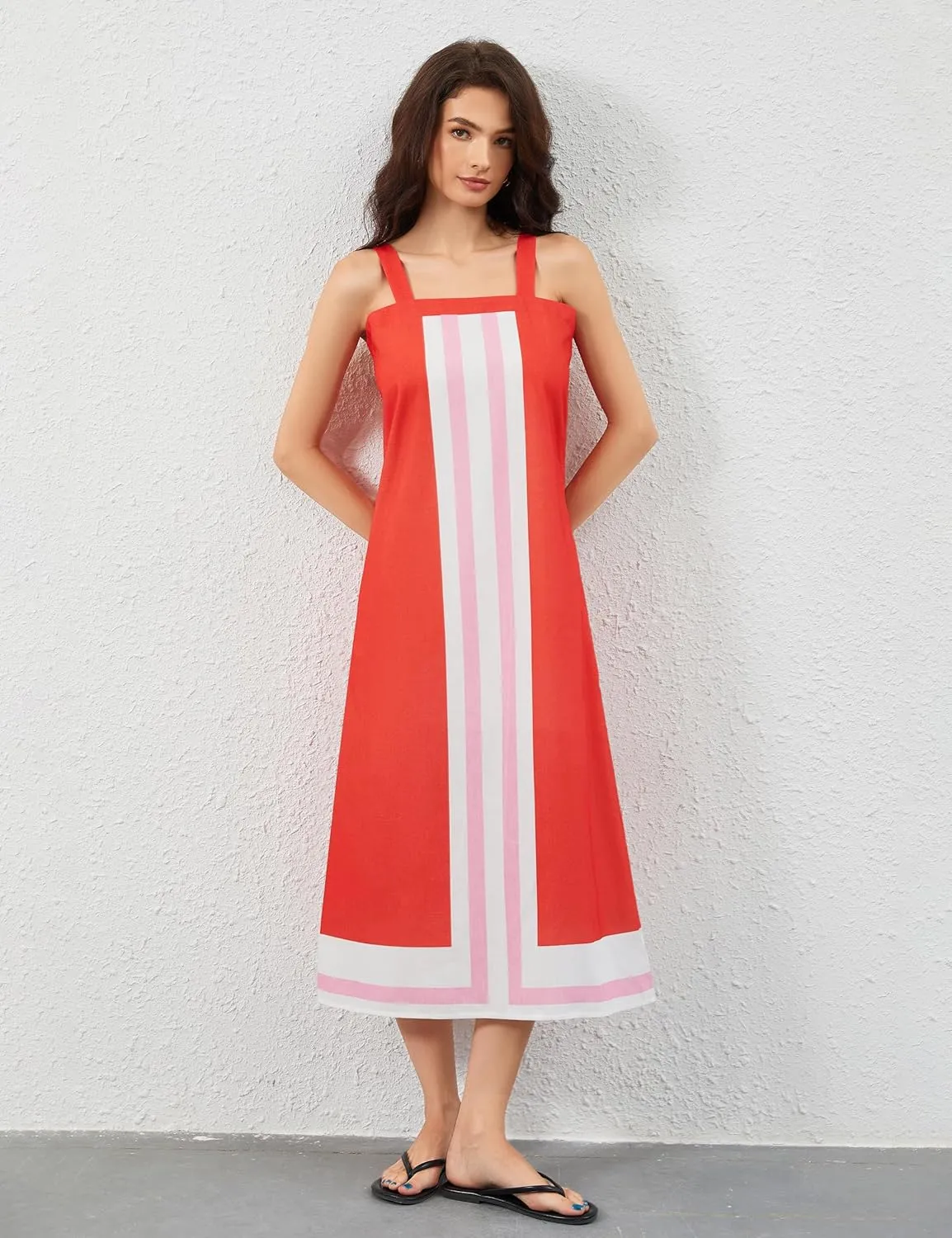 Women Color Block Maxi Dress Sleeveless Striped Flowy Beach Dress Square Neck Backless Casual Summer Dress