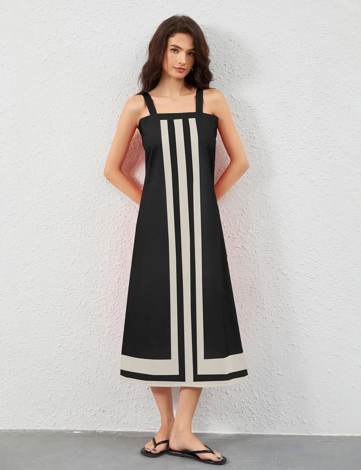 Women Color Block Maxi Dress Sleeveless Striped Flowy Beach Dress Square Neck Backless Casual Summer Dress
