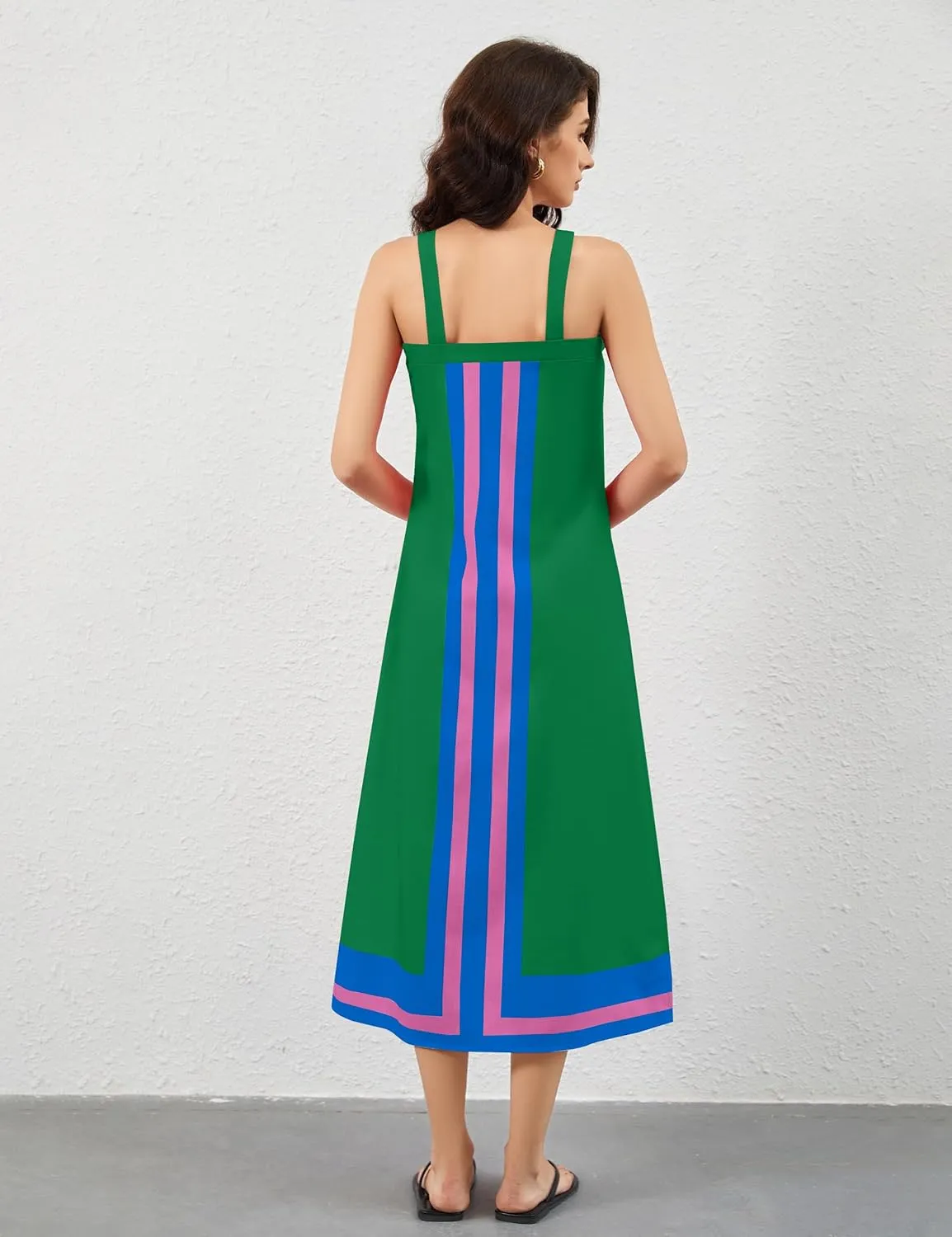 Women Color Block Maxi Dress Sleeveless Striped Flowy Beach Dress Square Neck Backless Casual Summer Dress