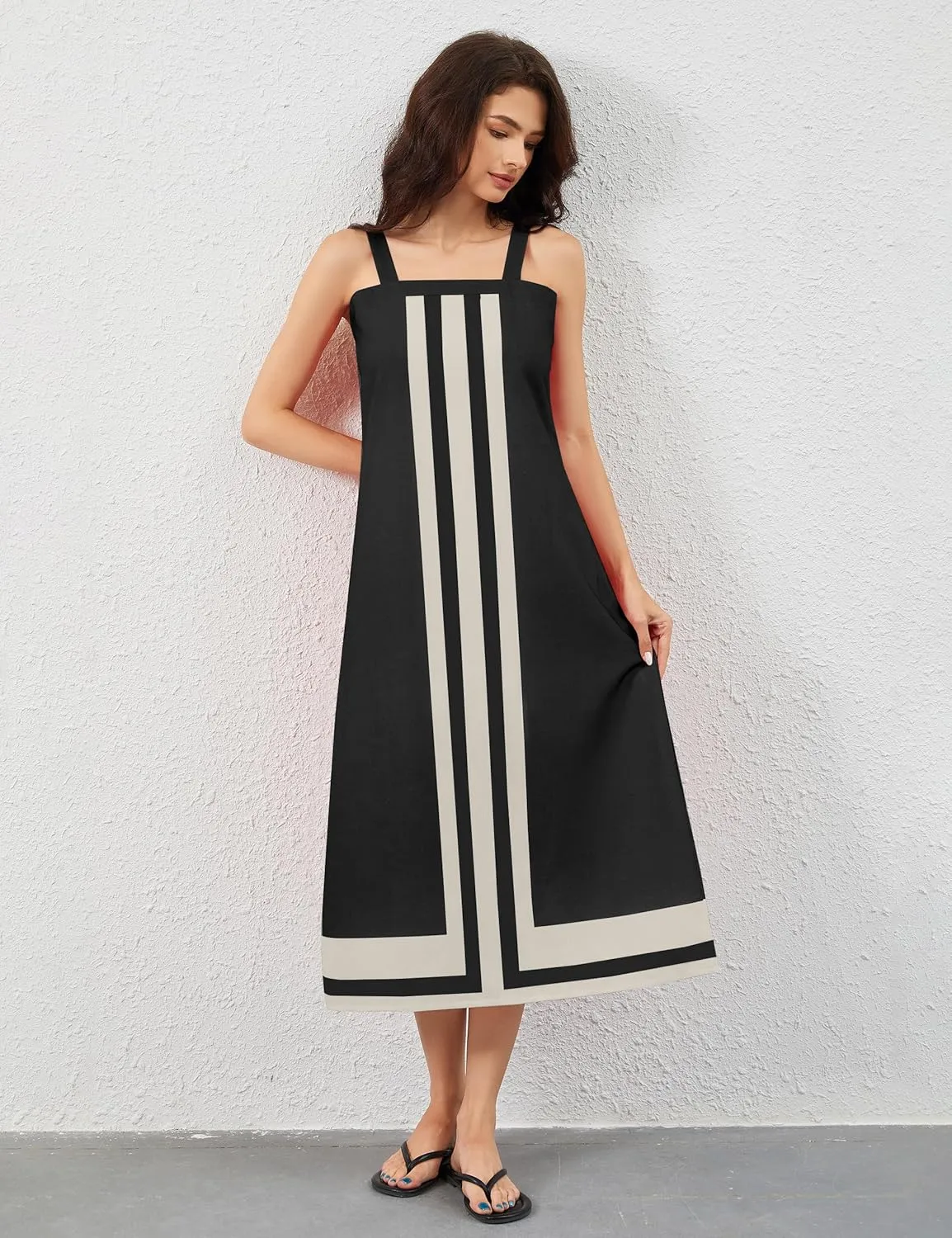 Women Color Block Maxi Dress Sleeveless Striped Flowy Beach Dress Square Neck Backless Casual Summer Dress