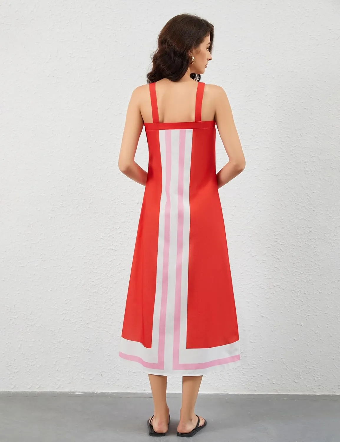 Women Color Block Maxi Dress Sleeveless Striped Flowy Beach Dress Square Neck Backless Casual Summer Dress