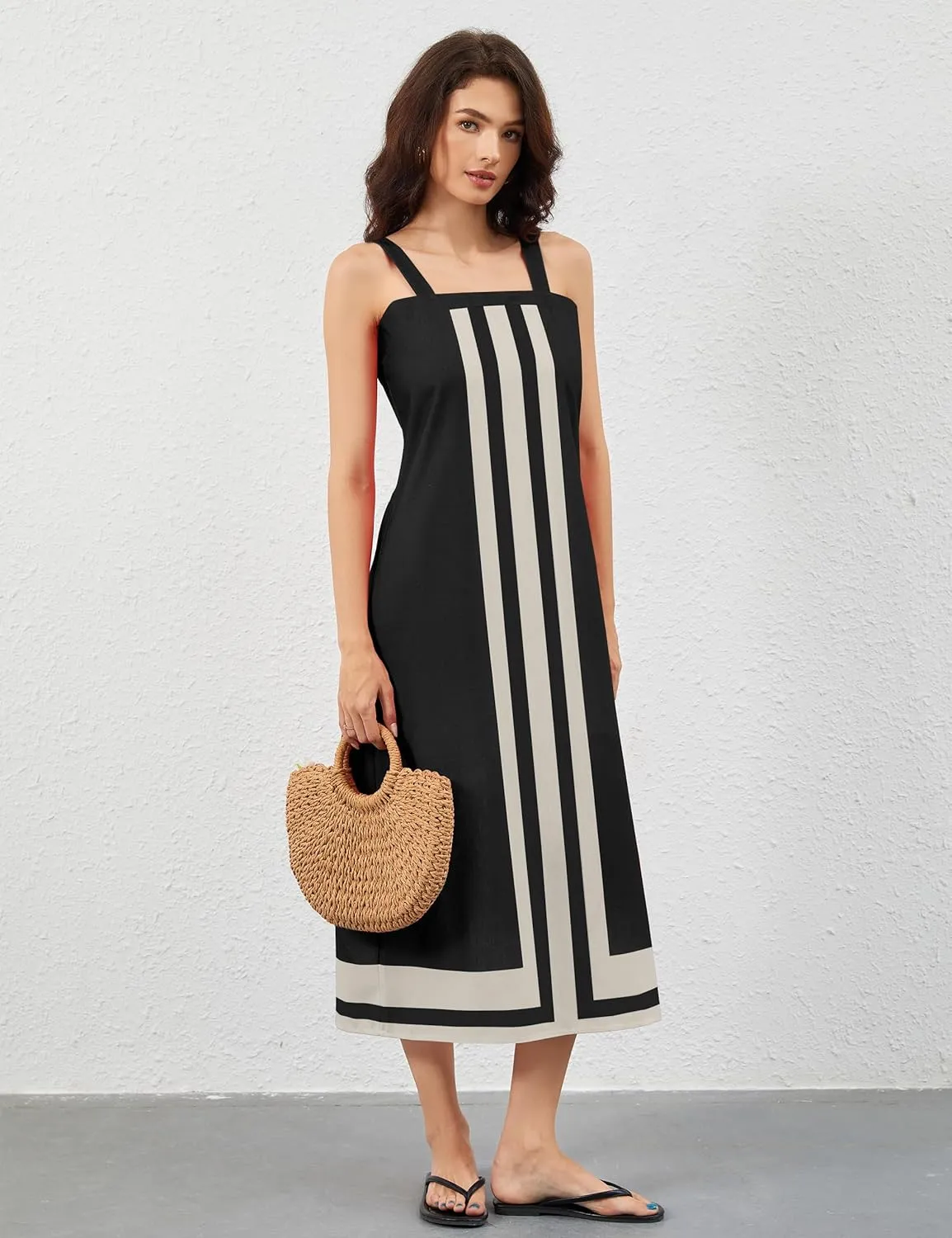 Women Color Block Maxi Dress Sleeveless Striped Flowy Beach Dress Square Neck Backless Casual Summer Dress