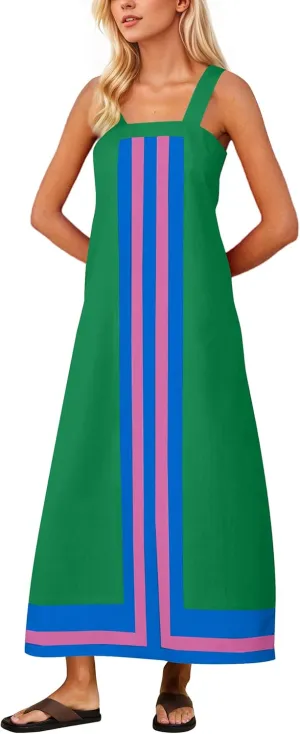 Women Color Block Maxi Dress Sleeveless Striped Flowy Beach Dress Square Neck Backless Casual Summer Dress