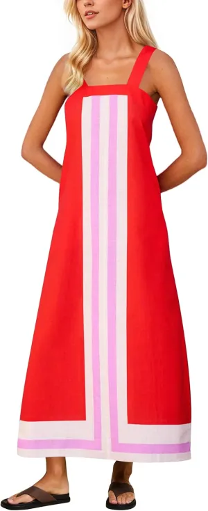 Women Color Block Maxi Dress Sleeveless Striped Flowy Beach Dress Square Neck Backless Casual Summer Dress