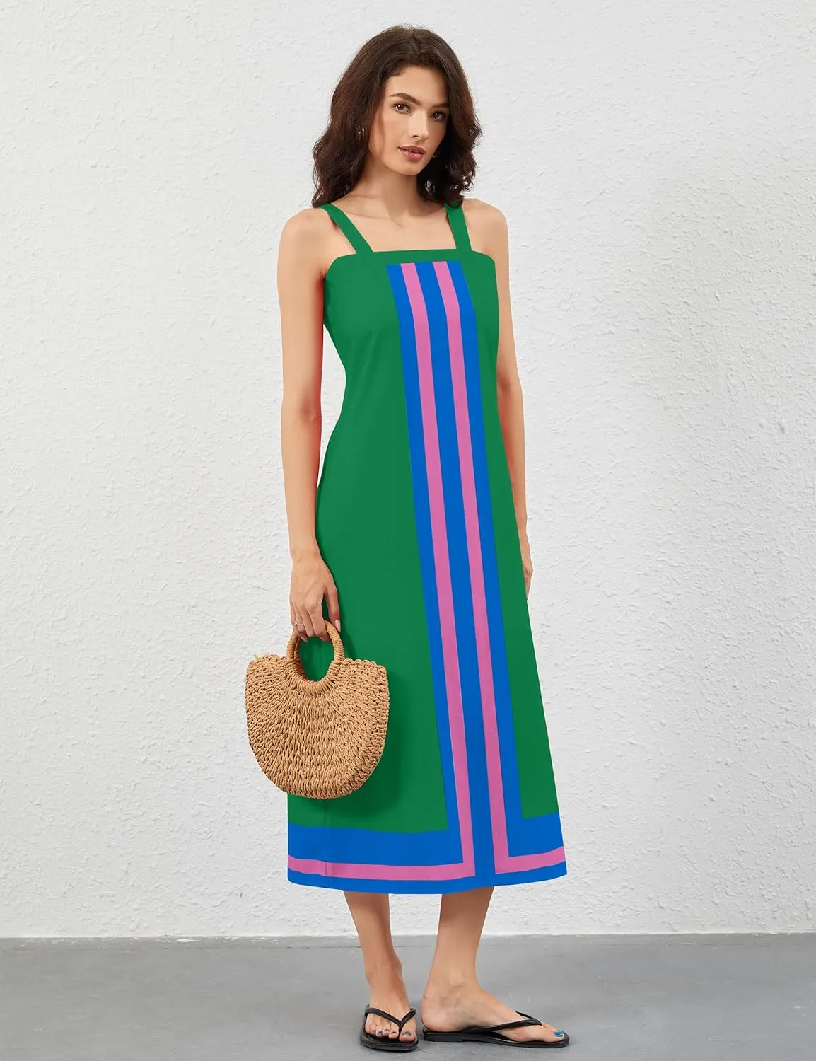 Women Color Block Maxi Dress Sleeveless Striped Flowy Beach Dress Square Neck Backless Casual Summer Dress