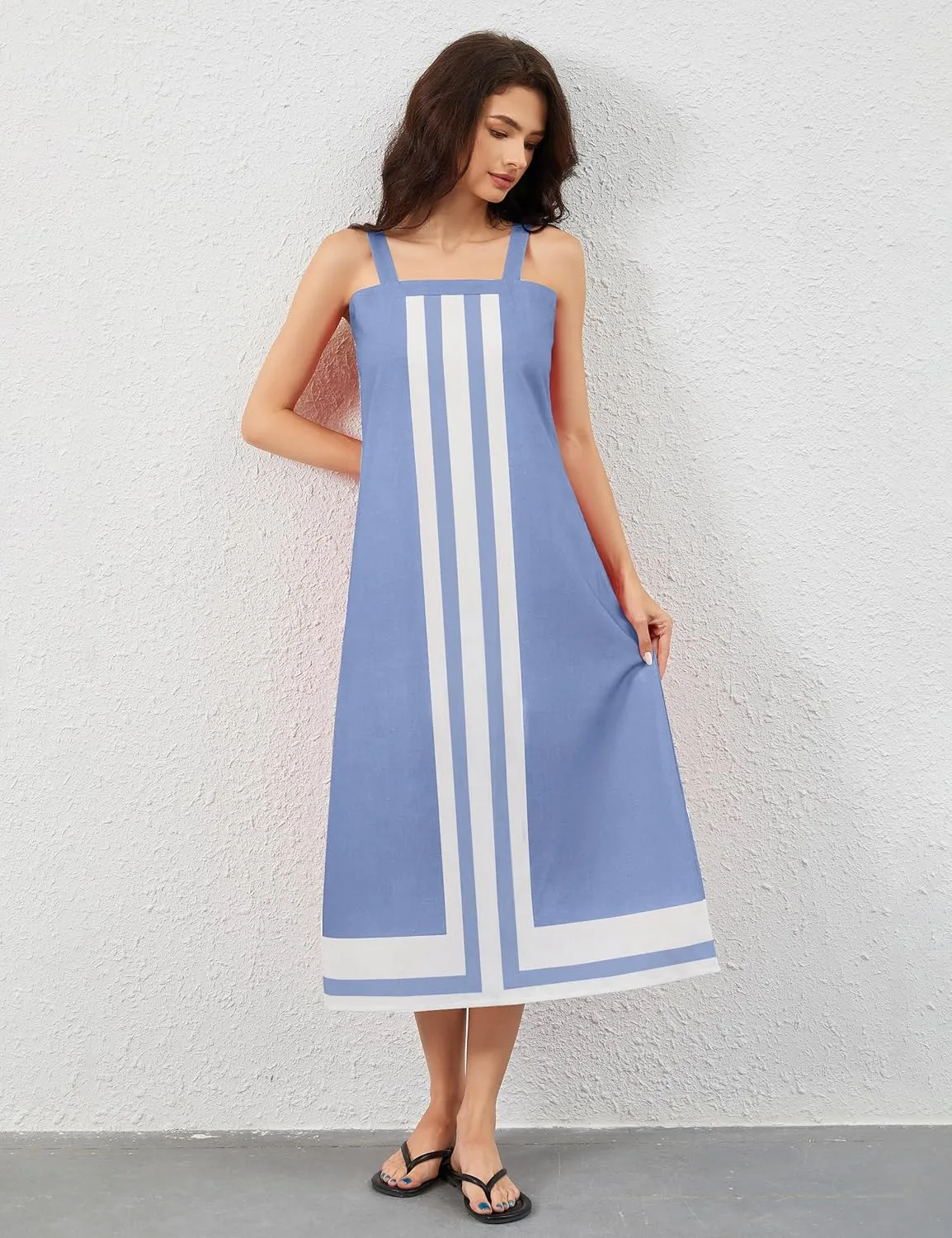 Women Color Block Maxi Dress Sleeveless Striped Flowy Beach Dress Square Neck Backless Casual Summer Dress