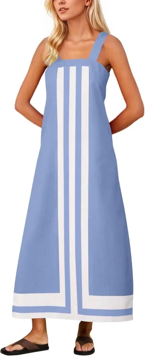 Women Color Block Maxi Dress Sleeveless Striped Flowy Beach Dress Square Neck Backless Casual Summer Dress