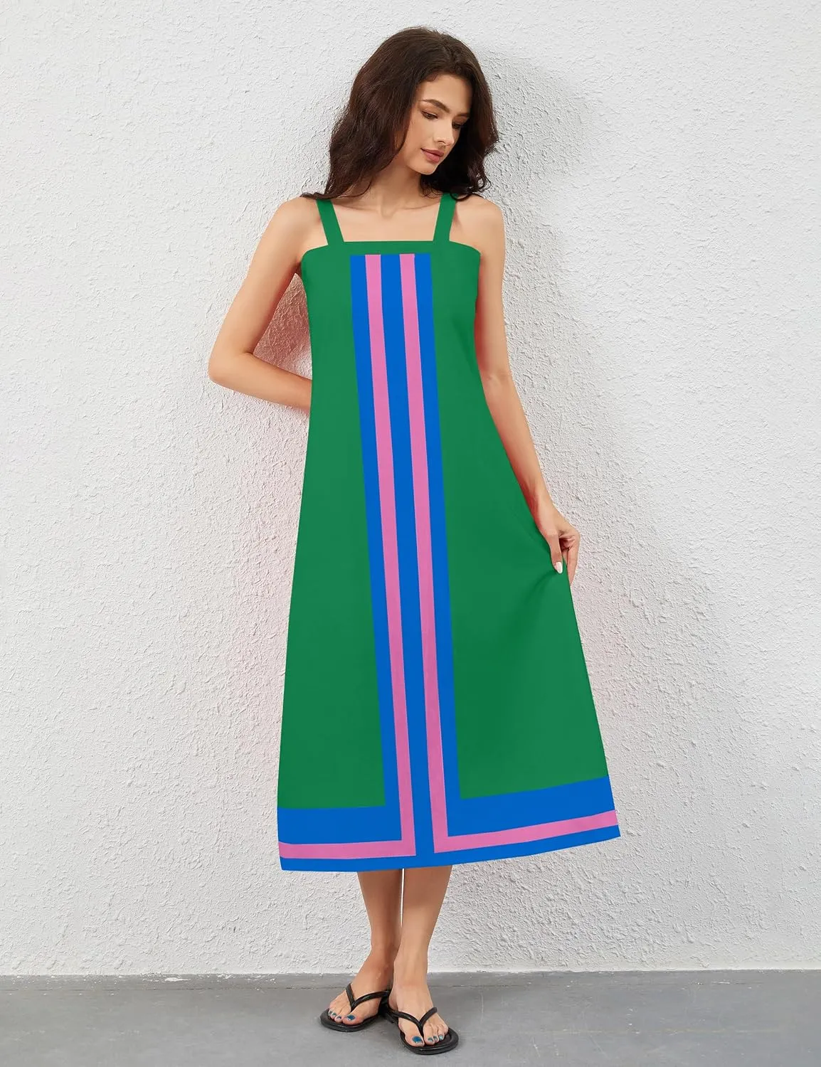 Women Color Block Maxi Dress Sleeveless Striped Flowy Beach Dress Square Neck Backless Casual Summer Dress