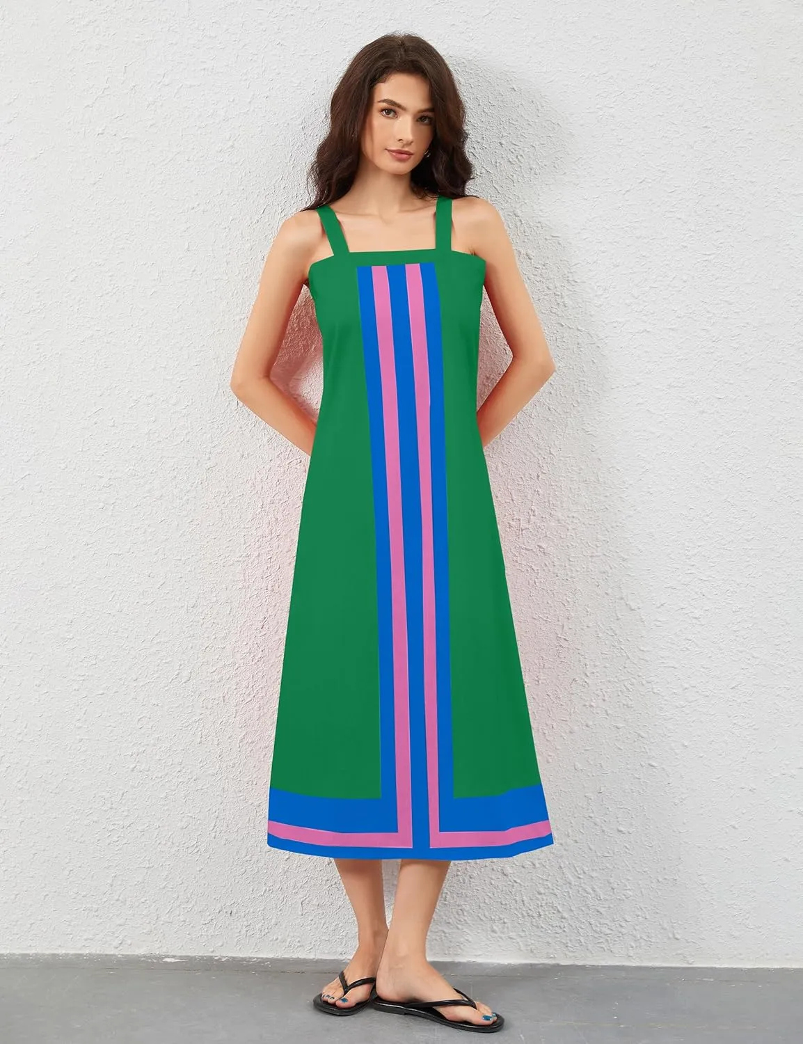 Women Color Block Maxi Dress Sleeveless Striped Flowy Beach Dress Square Neck Backless Casual Summer Dress
