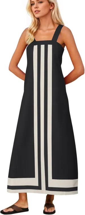 Women Color Block Maxi Dress Sleeveless Striped Flowy Beach Dress Square Neck Backless Casual Summer Dress
