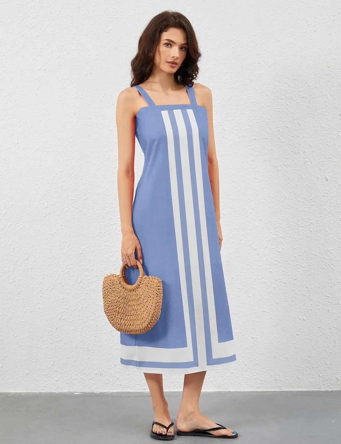 Women Color Block Maxi Dress Sleeveless Striped Flowy Beach Dress Square Neck Backless Casual Summer Dress