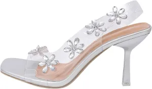 Women High Heel Dressy Sandals Elegant Rhinestone Square Toe Slip on Shoes for Wedding Bridal Party