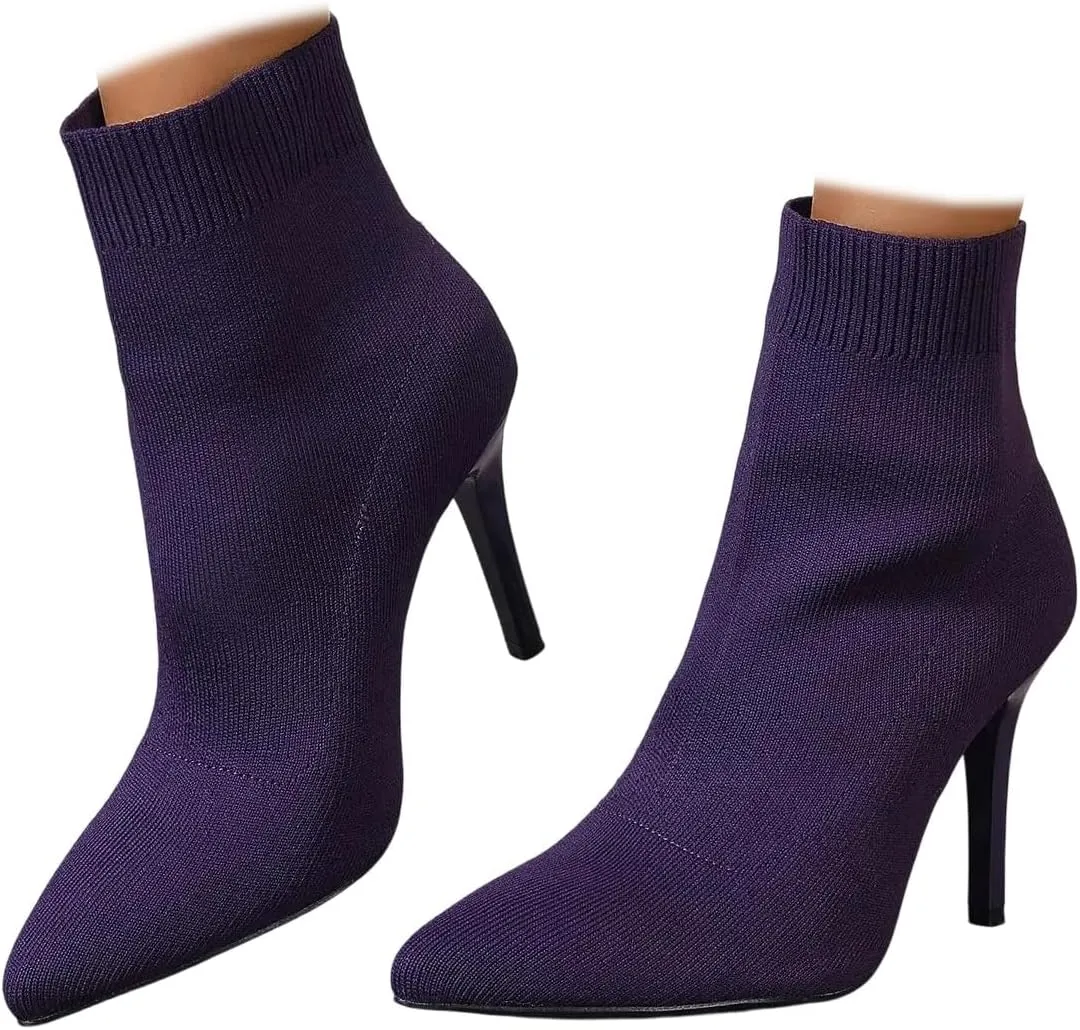 Women Knitted Boots Stretch Sock Ankle Boots Pointed Toe Booties Stiletto High Heel Pull On Ankle Booties