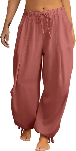 Women Linen Harem Pants Summer Drawstring Casual Lounge Baggy Pant Beach Travel Vacation Trousers with Pockets