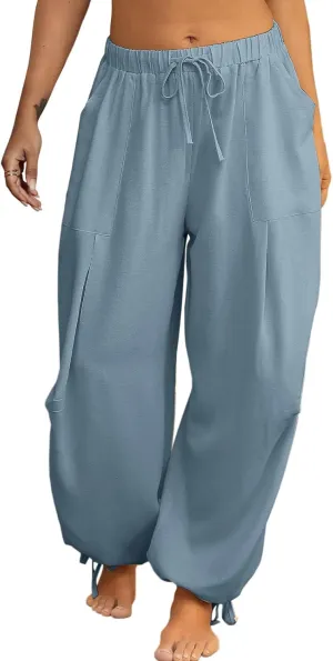 Women Linen Harem Pants Summer Drawstring Casual Lounge Baggy Pant Beach Travel Vacation Trousers with Pockets