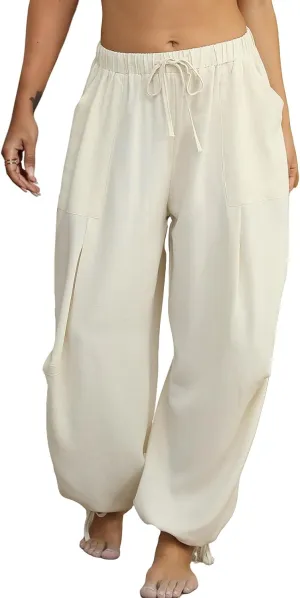 Women Linen Harem Pants Summer Drawstring Casual Lounge Baggy Pant Beach Travel Vacation Trousers with Pockets