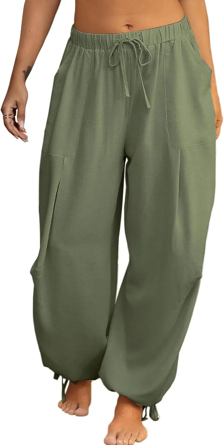 Women Linen Harem Pants Summer Drawstring Casual Lounge Baggy Pant Beach Travel Vacation Trousers with Pockets
