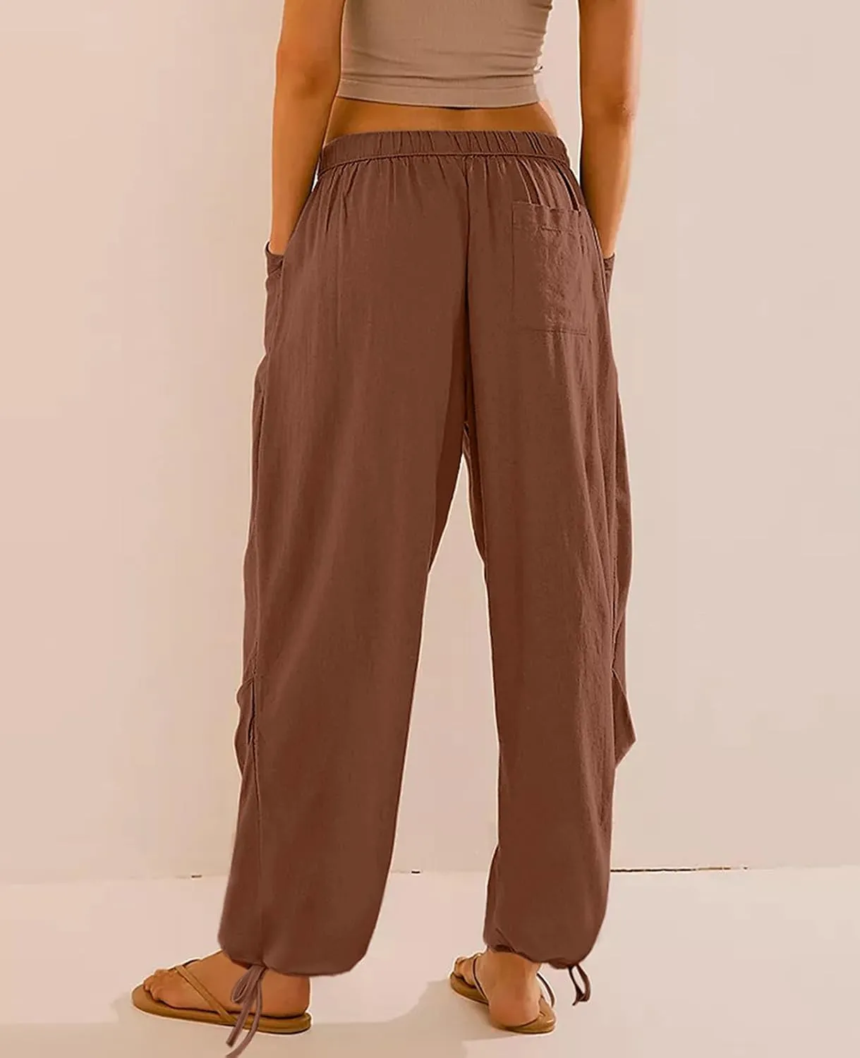 Women Linen Harem Pants Summer Drawstring Casual Lounge Baggy Pant Beach Travel Vacation Trousers with Pockets
