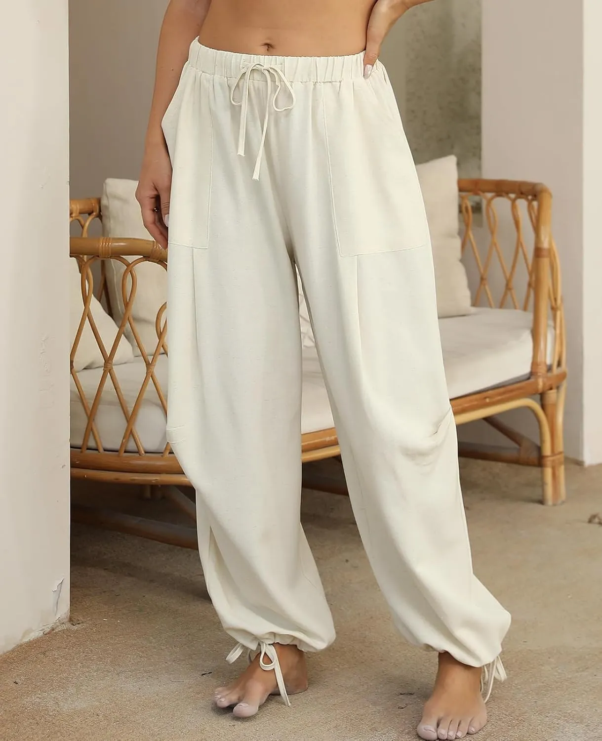 Women Linen Harem Pants Summer Drawstring Casual Lounge Baggy Pant Beach Travel Vacation Trousers with Pockets