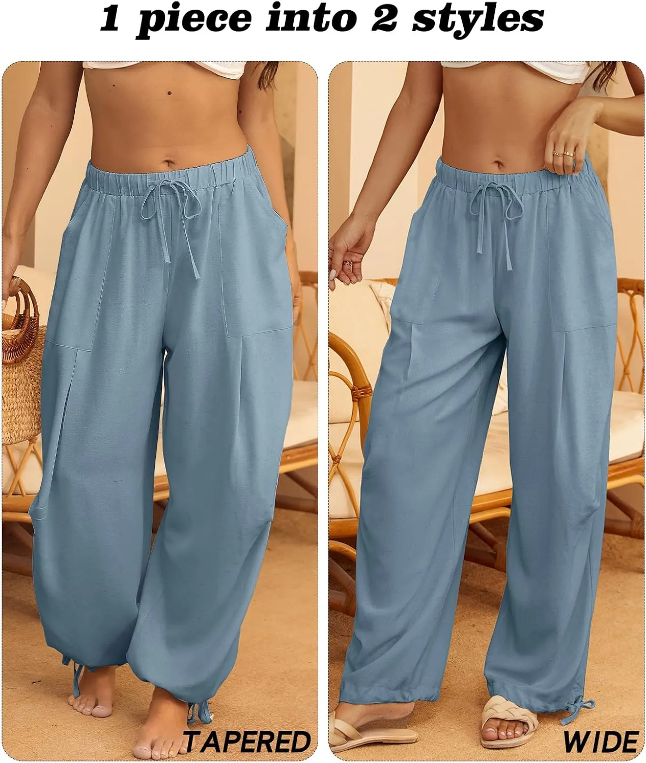 Women Linen Harem Pants Summer Drawstring Casual Lounge Baggy Pant Beach Travel Vacation Trousers with Pockets