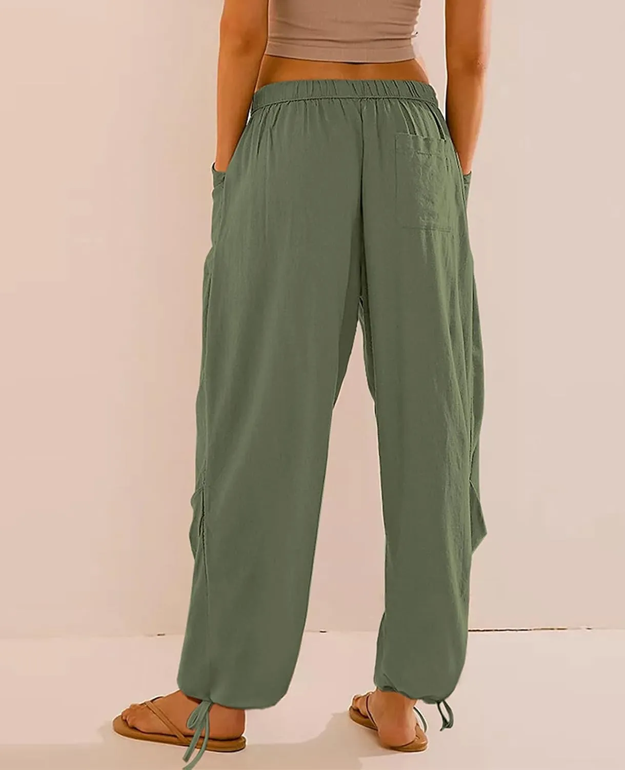 Women Linen Harem Pants Summer Drawstring Casual Lounge Baggy Pant Beach Travel Vacation Trousers with Pockets