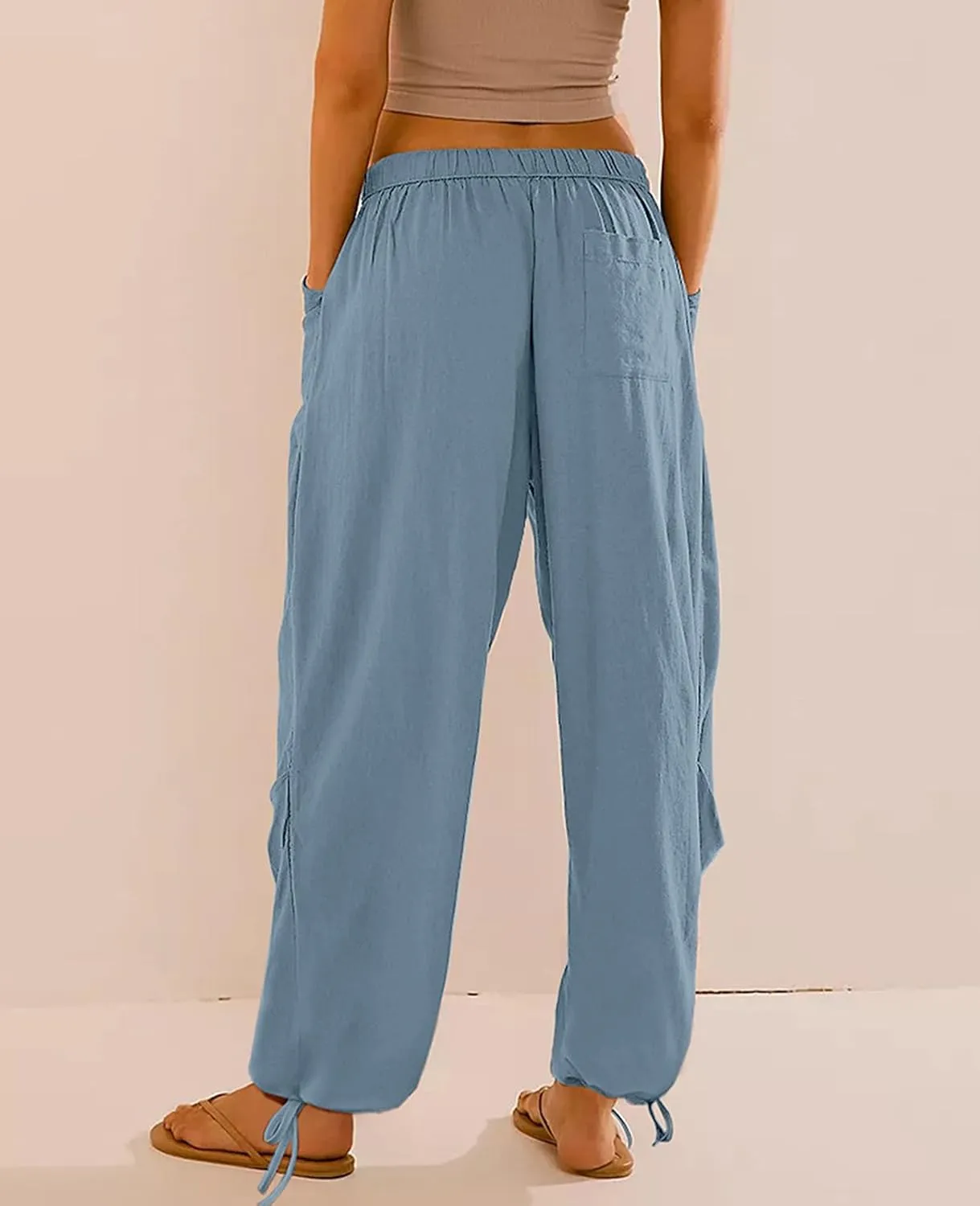 Women Linen Harem Pants Summer Drawstring Casual Lounge Baggy Pant Beach Travel Vacation Trousers with Pockets