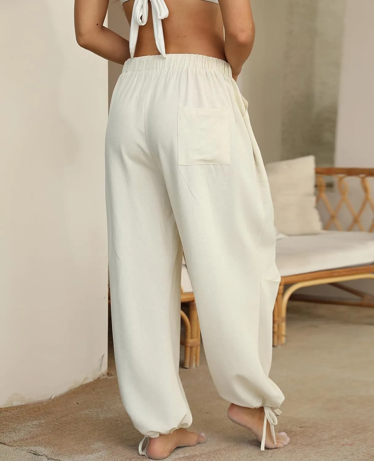 Women Linen Harem Pants Summer Drawstring Casual Lounge Baggy Pant Beach Travel Vacation Trousers with Pockets
