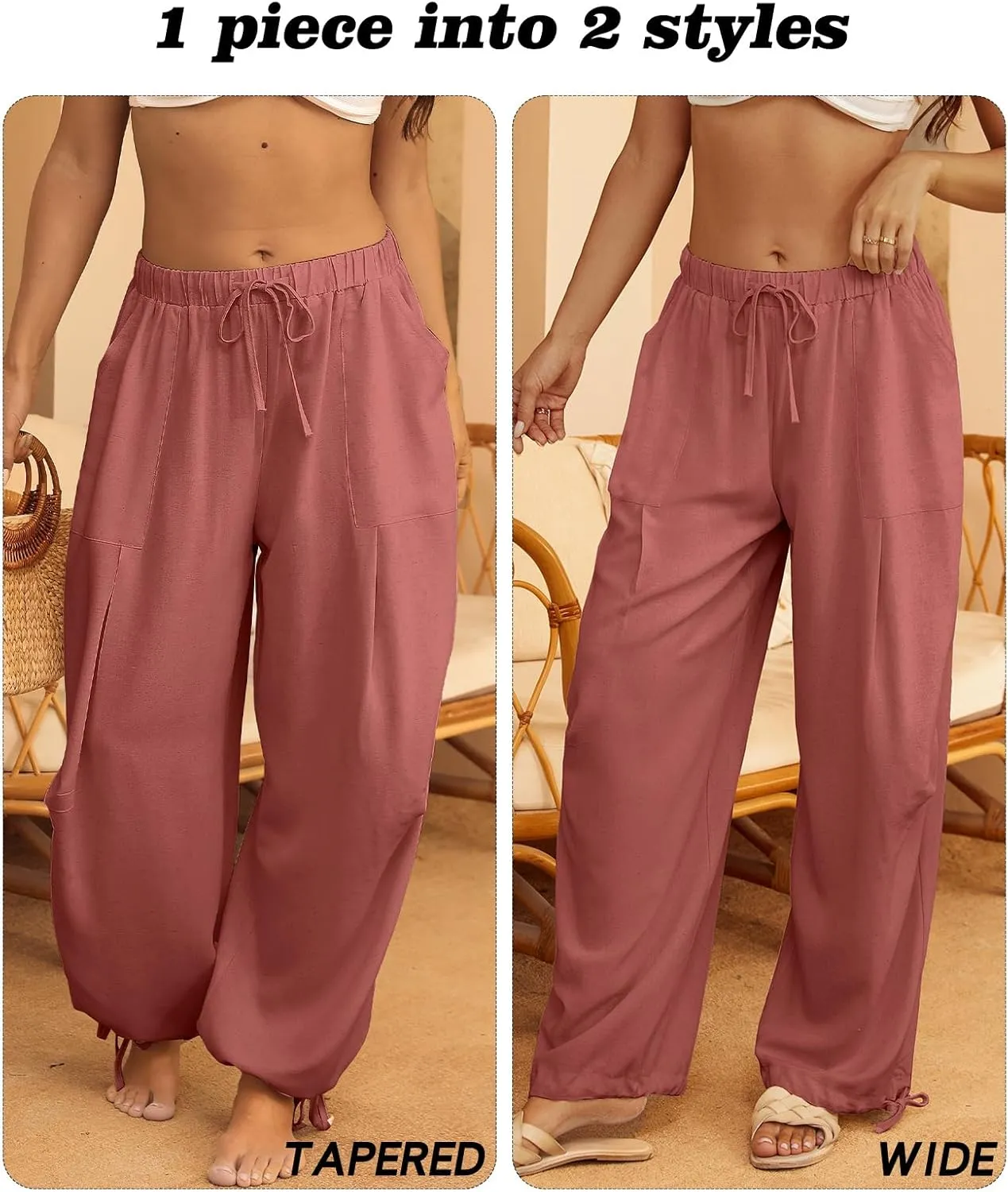 Women Linen Harem Pants Summer Drawstring Casual Lounge Baggy Pant Beach Travel Vacation Trousers with Pockets
