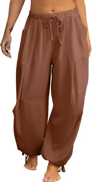 Women Linen Harem Pants Summer Drawstring Casual Lounge Baggy Pant Beach Travel Vacation Trousers with Pockets