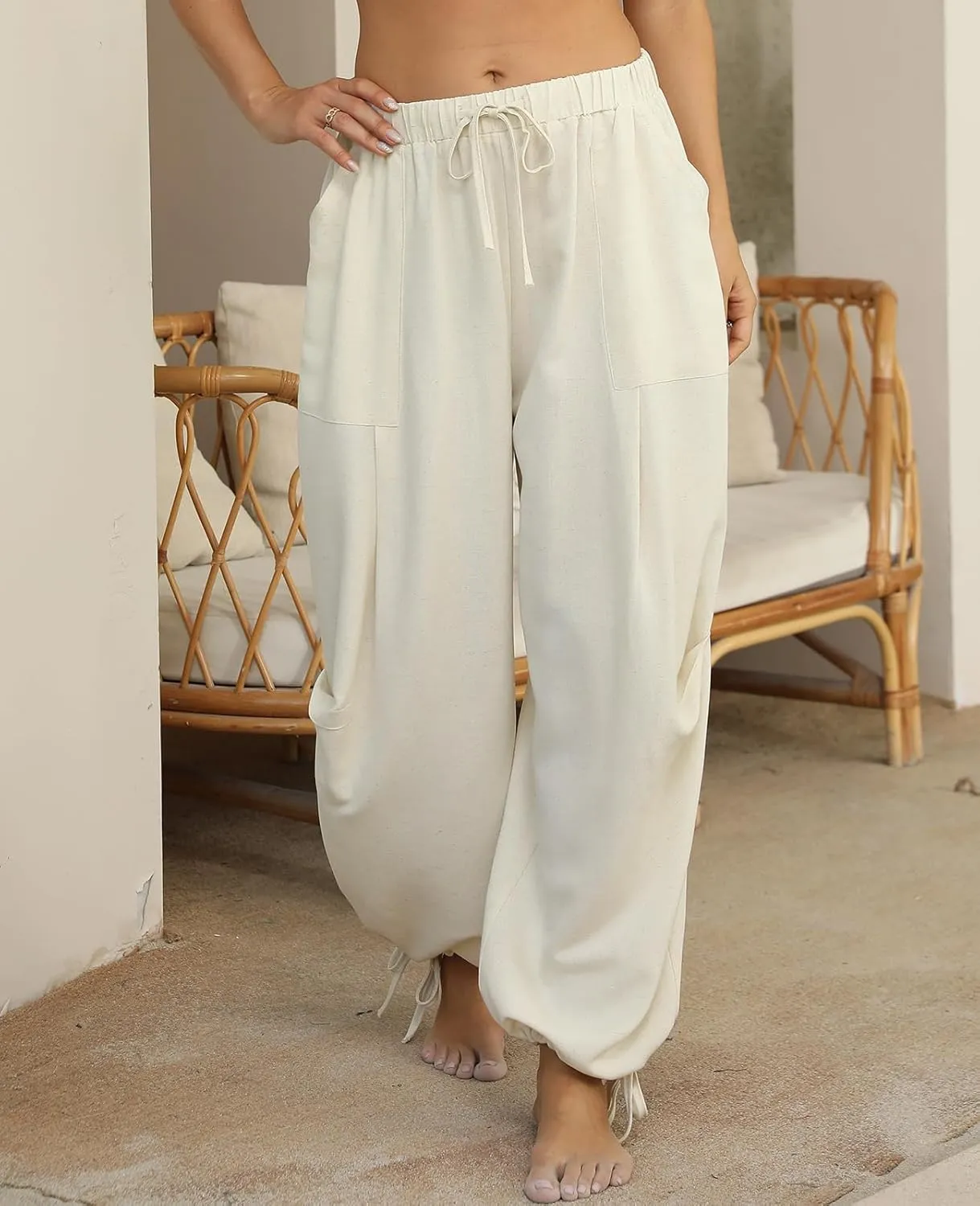 Women Linen Harem Pants Summer Drawstring Casual Lounge Baggy Pant Beach Travel Vacation Trousers with Pockets